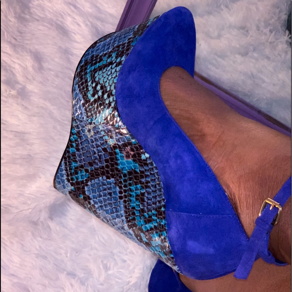Blue Snakeskin Ankle Strap Sexy Wedges
